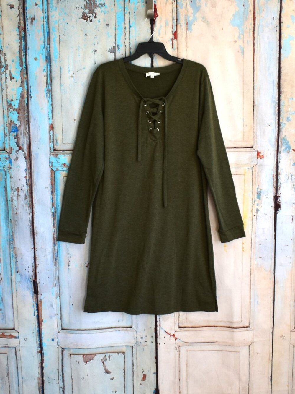 Women's LOVE J Fleece Dress Tunic Long Sleeve Lace-Up SIZE 2X Green